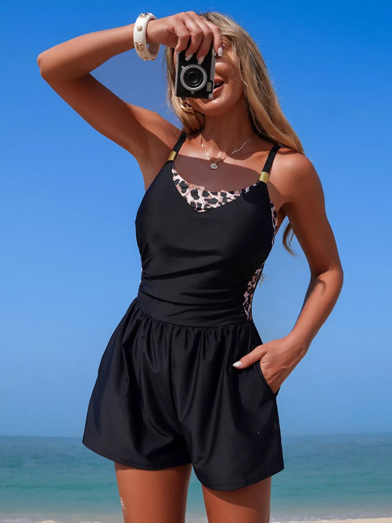 Black leopard swimsuit model styled look