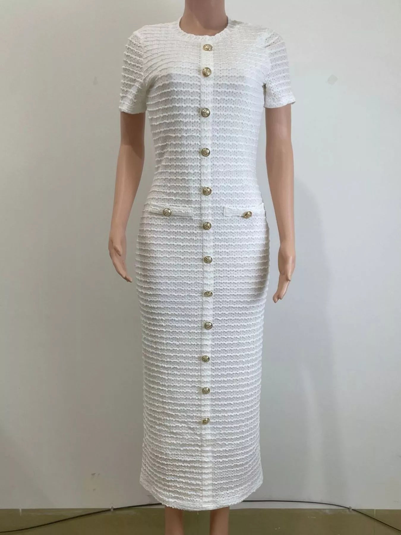 Textured midi dress back view on model