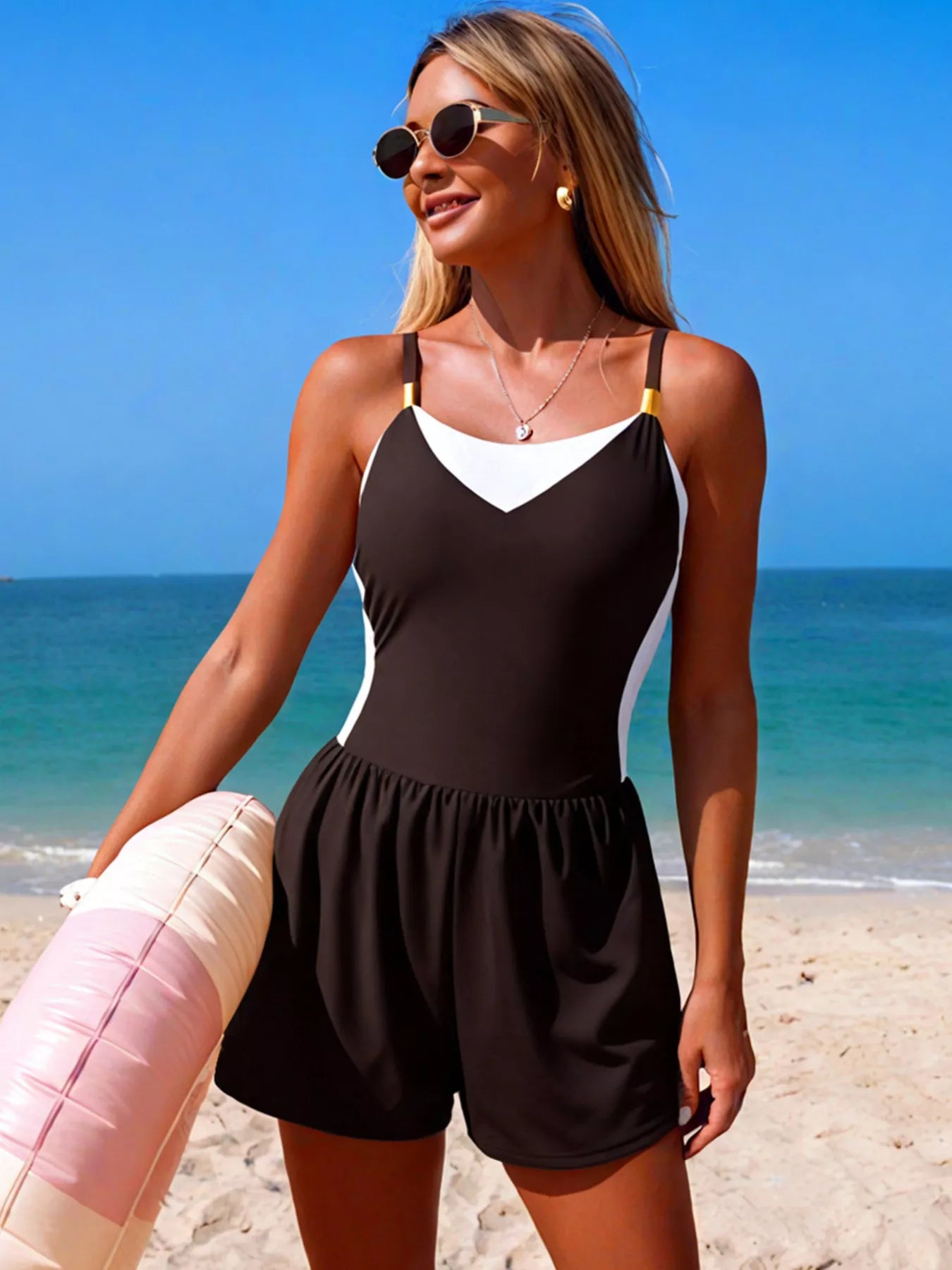 Brown swimsuit adjustable strap detail