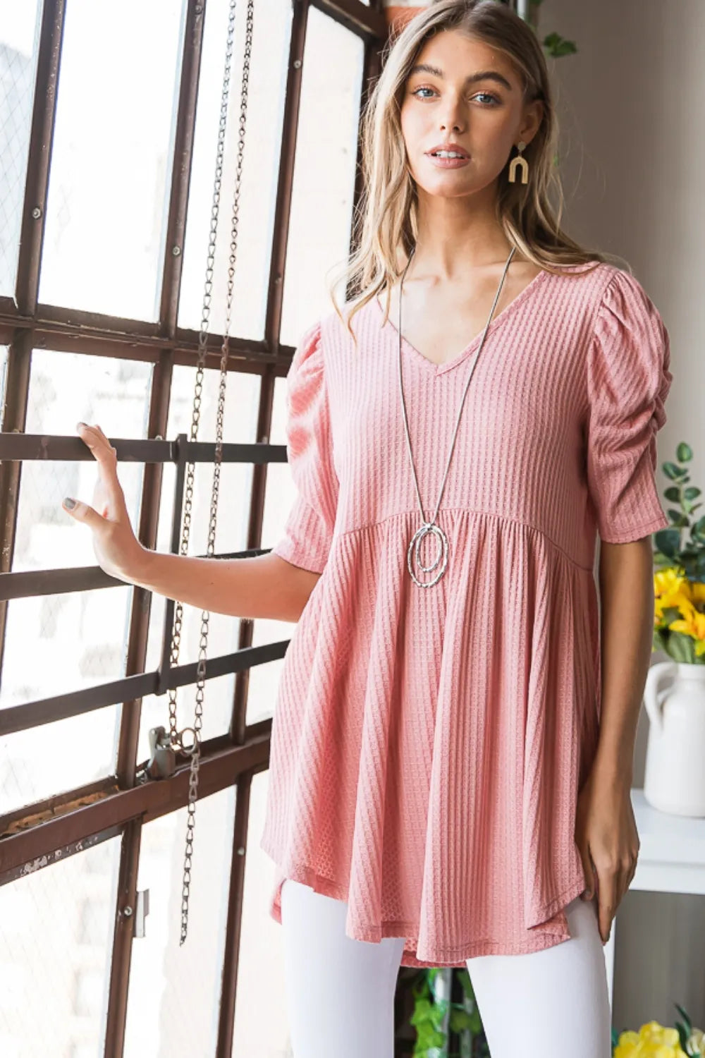 Rose waffle knit babydoll top full length on model