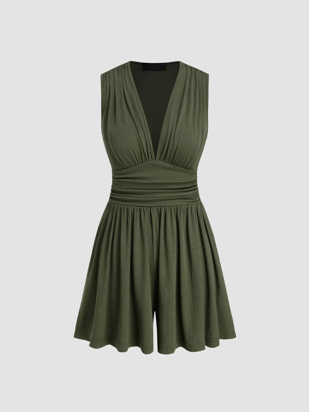 Army green v neck romper styled on model