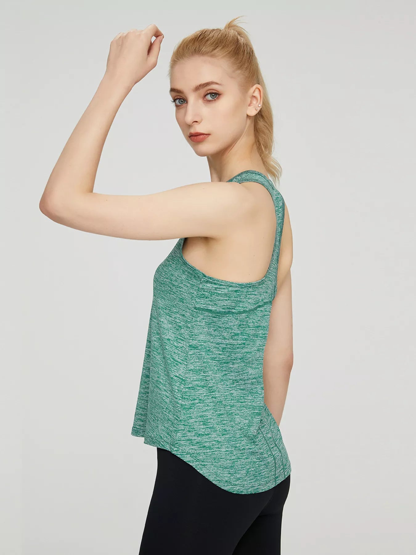 Quick drying tank top side profile on model