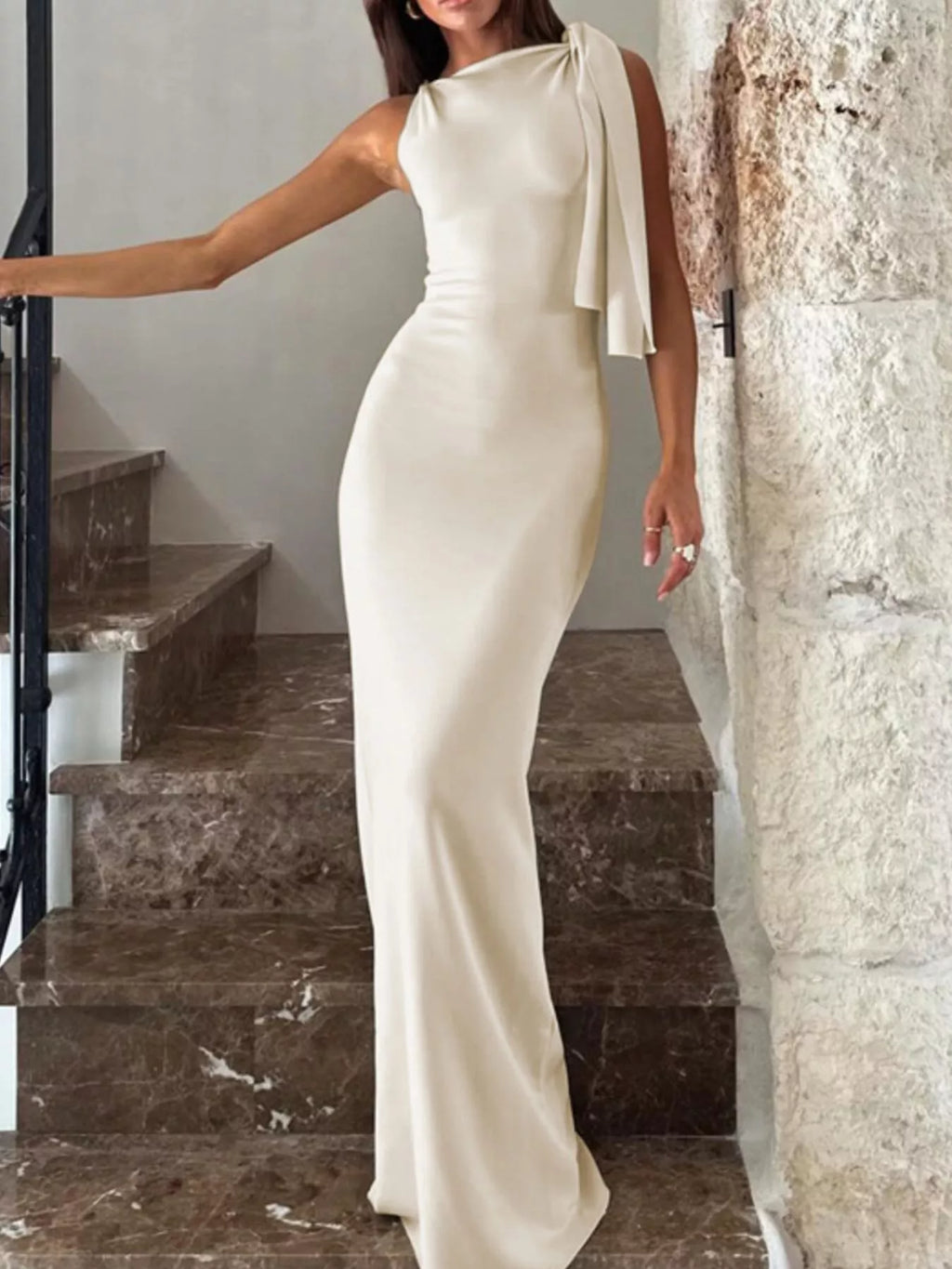 Sleeveless draped maxi dress front view