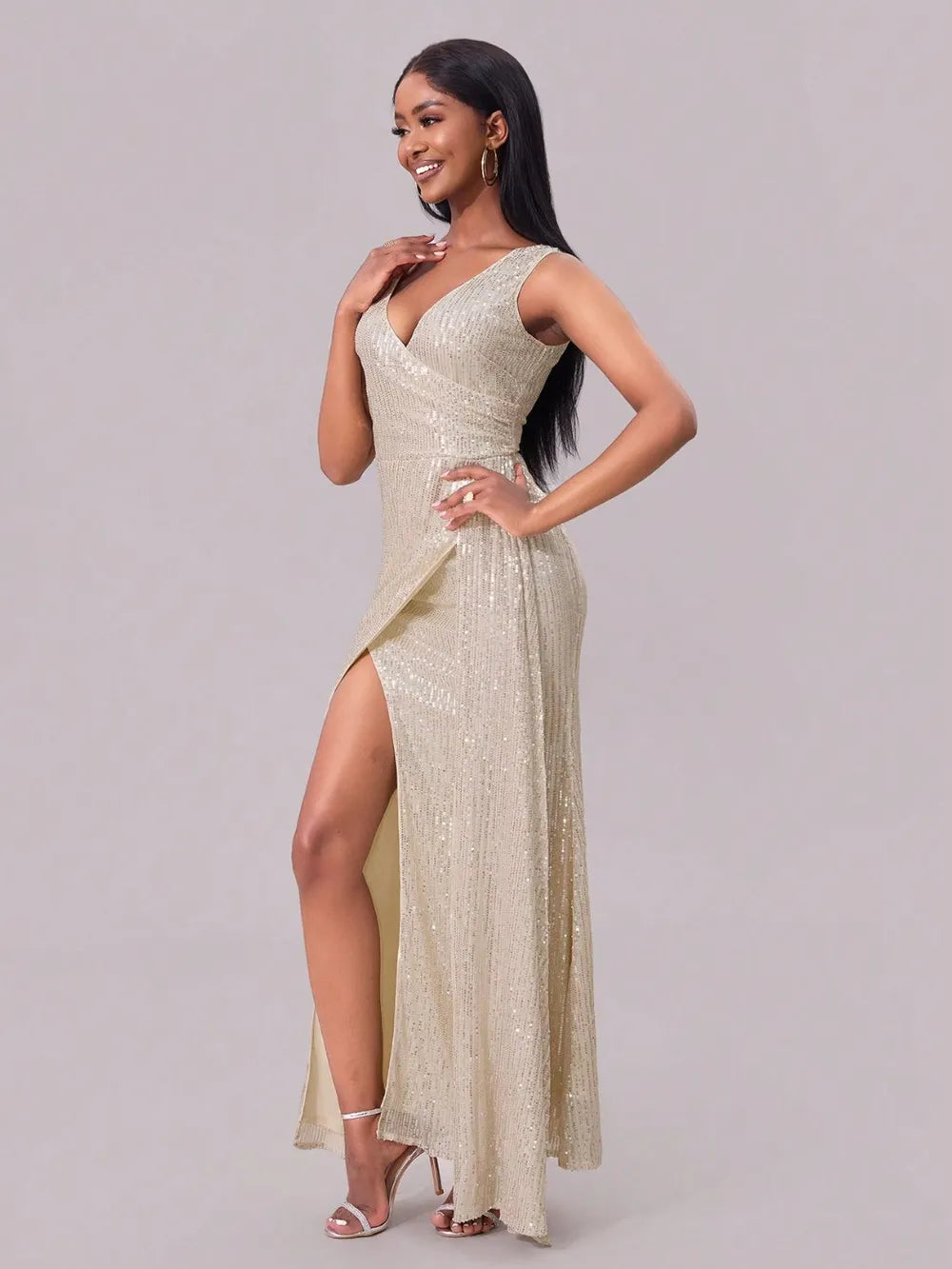 Surplice neckline sequin dress close up detail