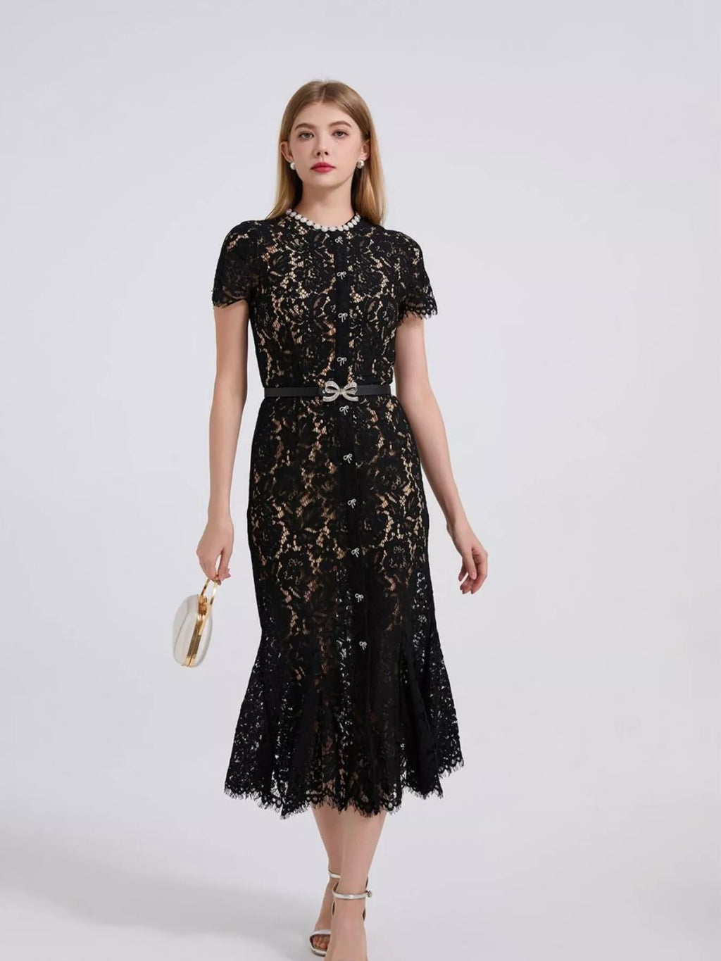 Formal lace dress on model