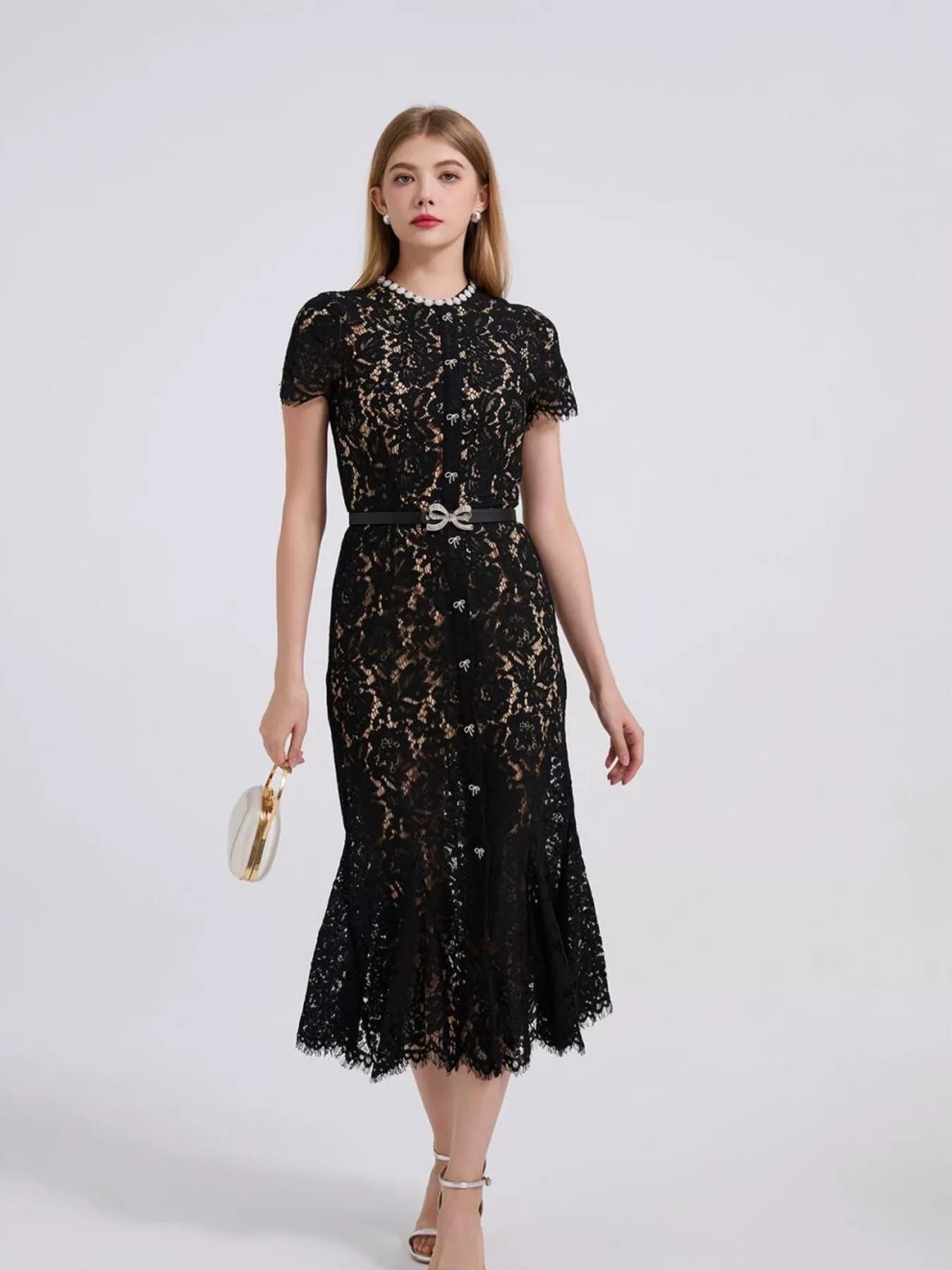 Formal lace dress on model