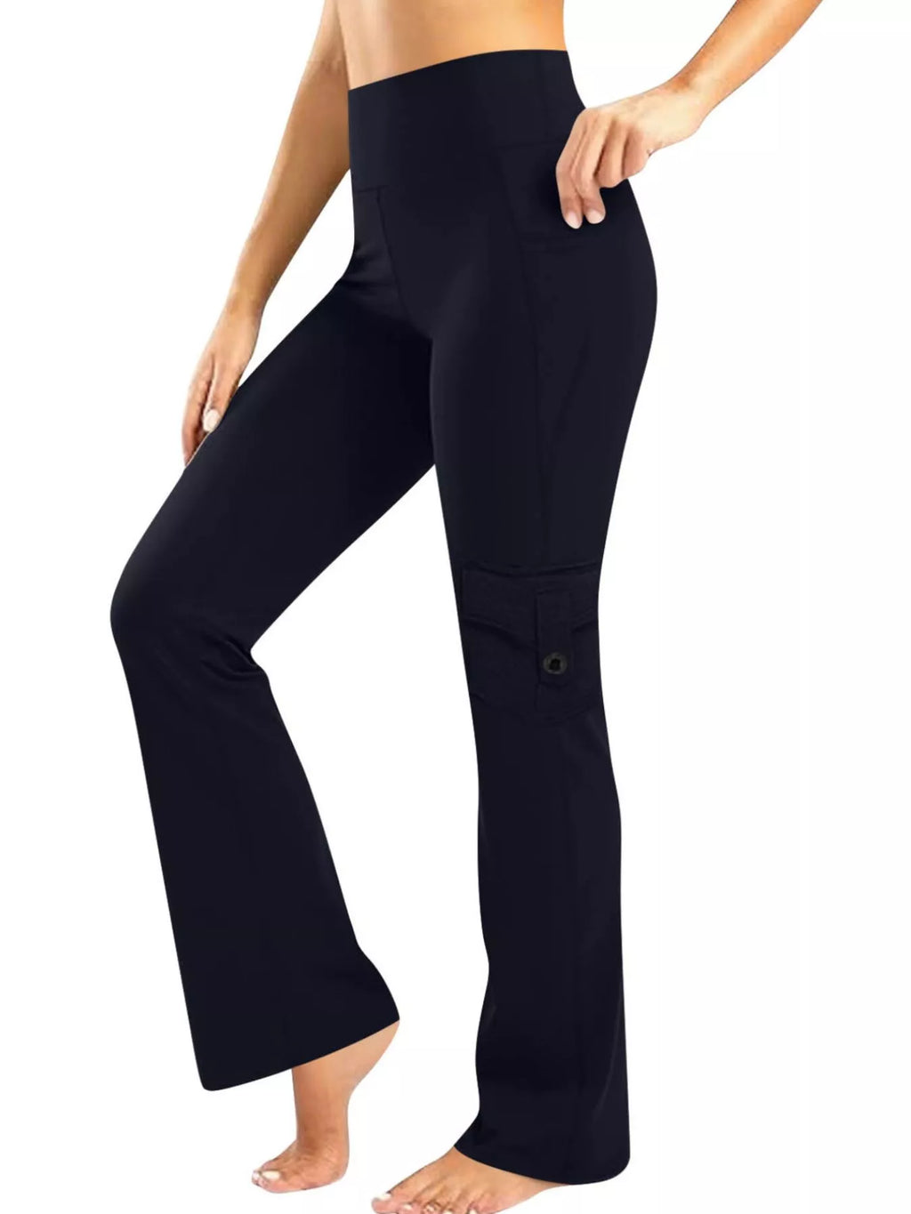 High waisted yoga pants with pockets front view in black