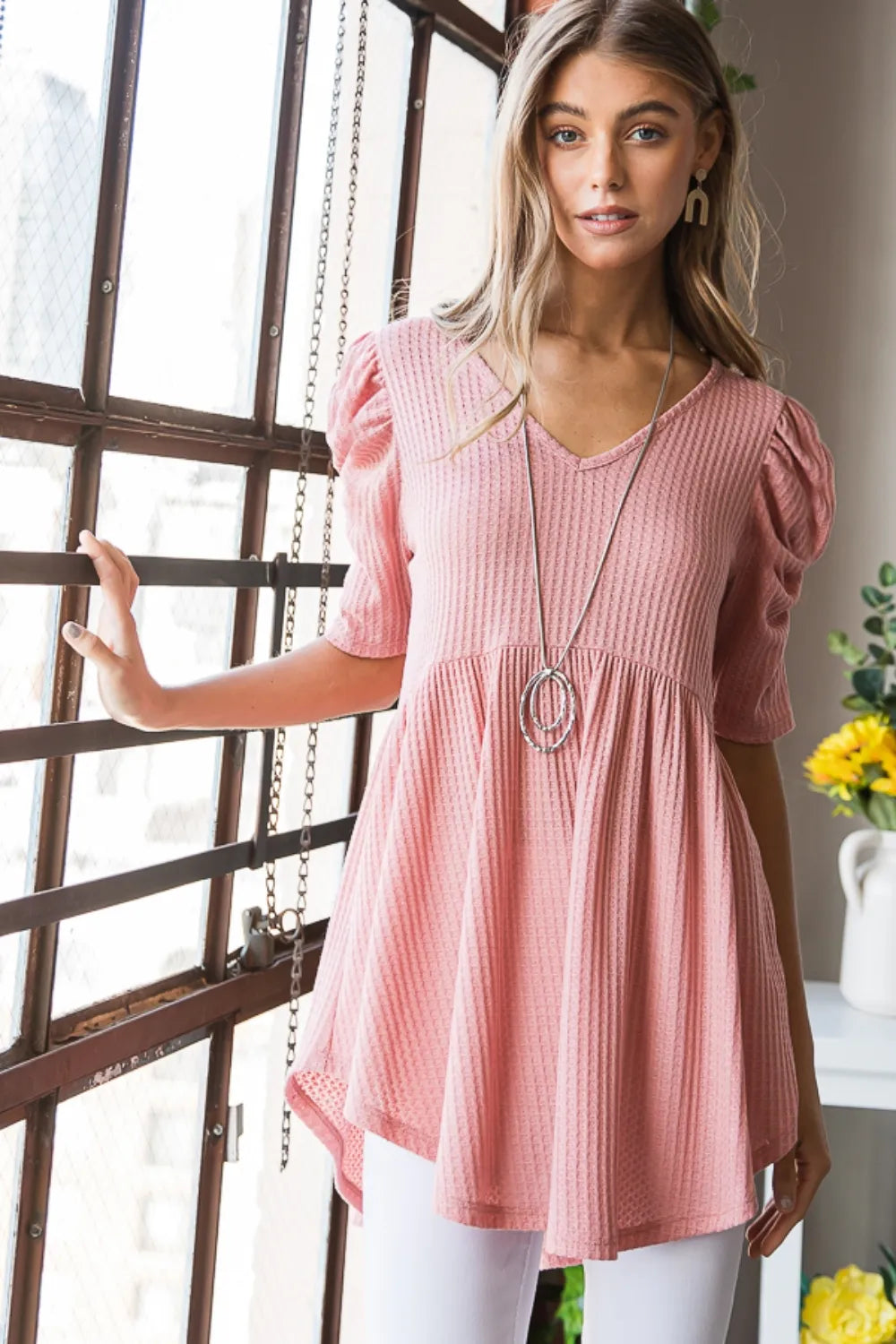 Waffle knit v neck babydoll top front view