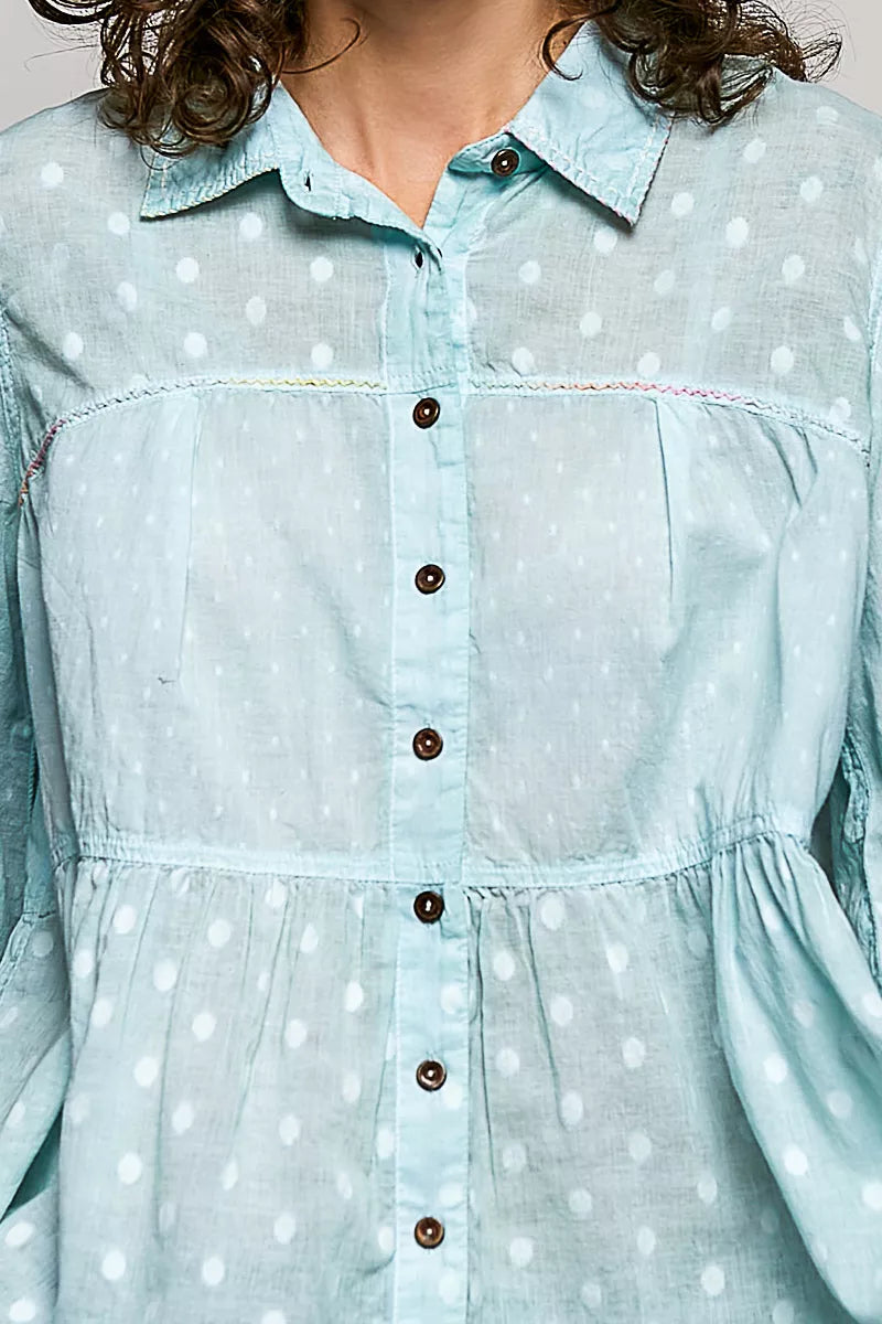 Tonal dot weave button front shirt styled on model