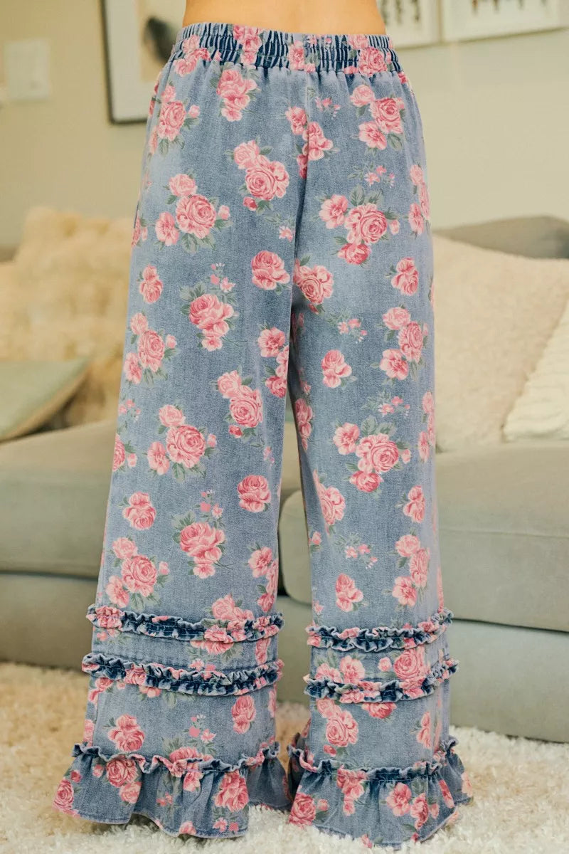 Floral washed denim pants relaxed fit view