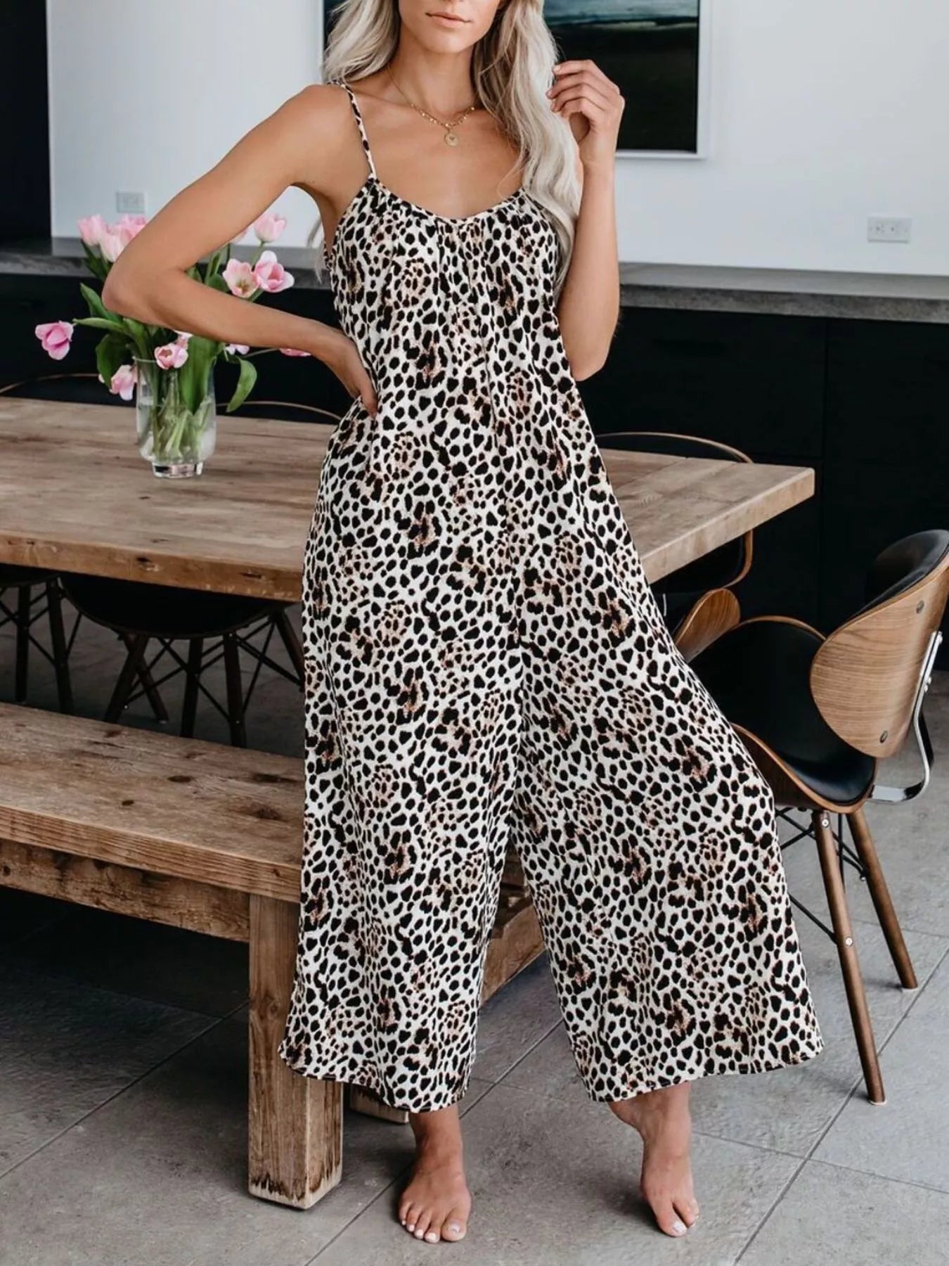 Wide leg jumpsuit in leopard print pattern