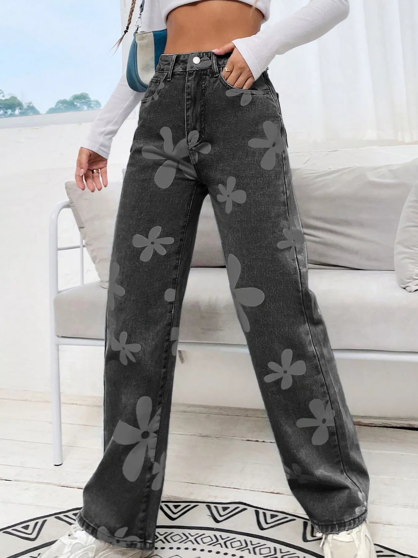 Dark blue floral wide leg jeans back view