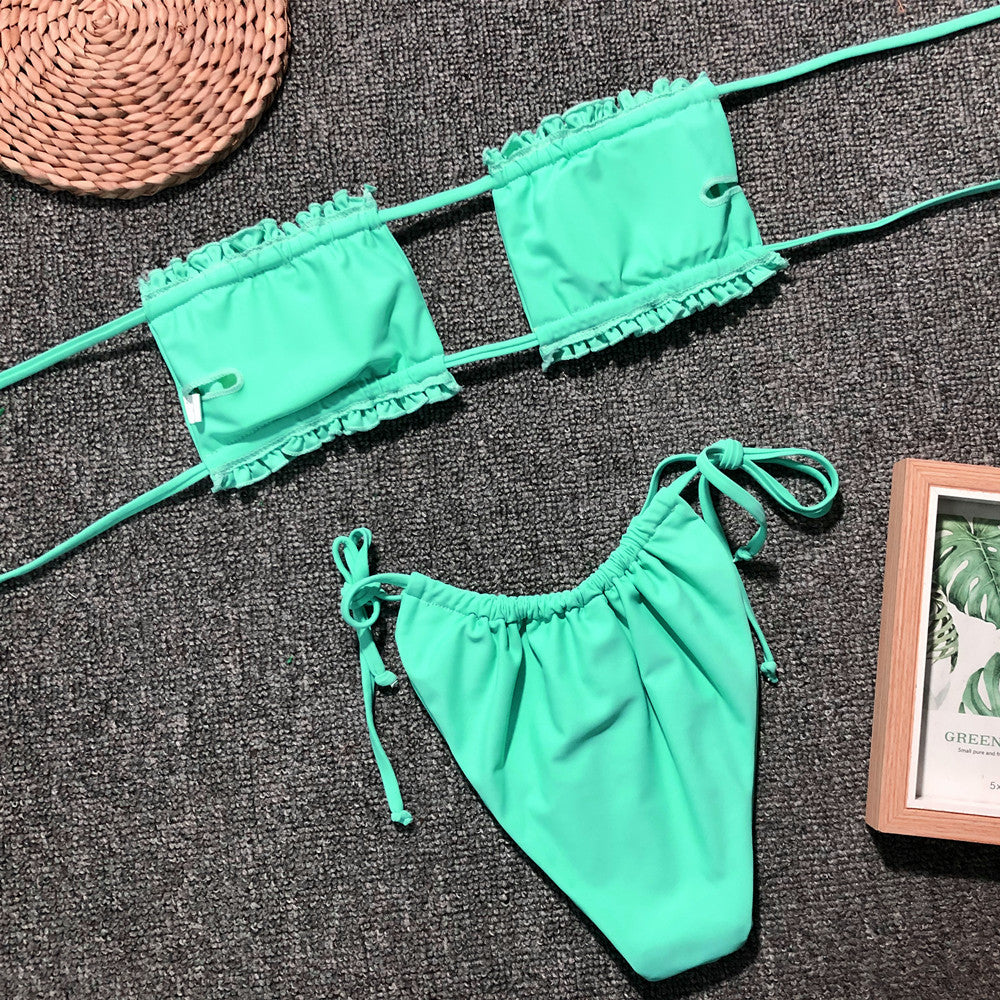Frill trim ruched bikini set pink color