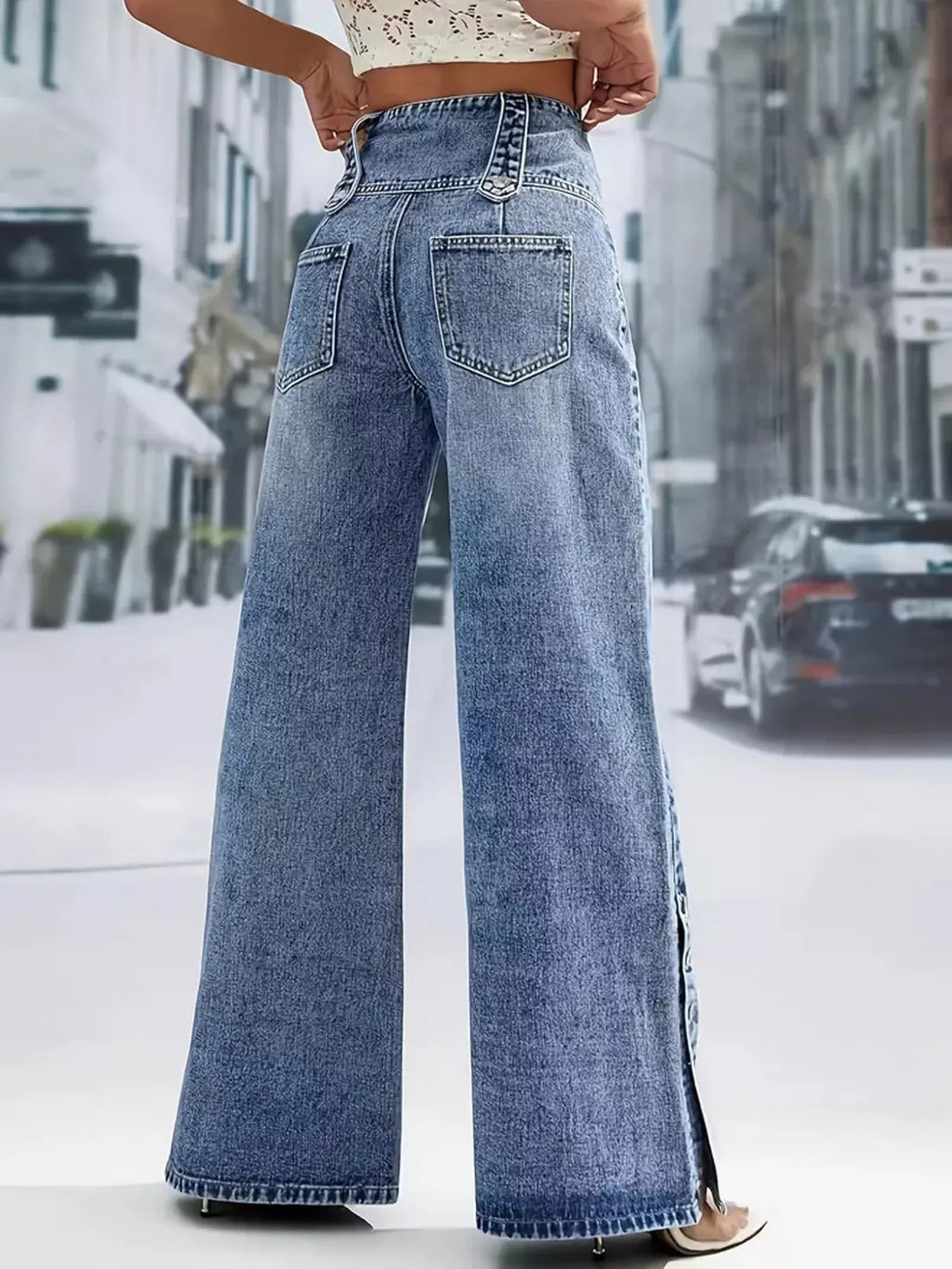 Decorative button detail on high waist blue jeans