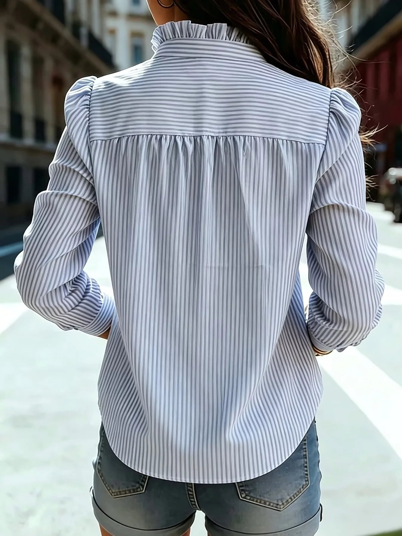 Frill striped button up shirt collar and cuff detail