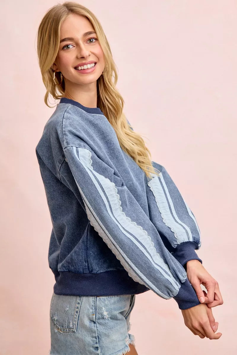 Denim sweatshirt lace side panel detail