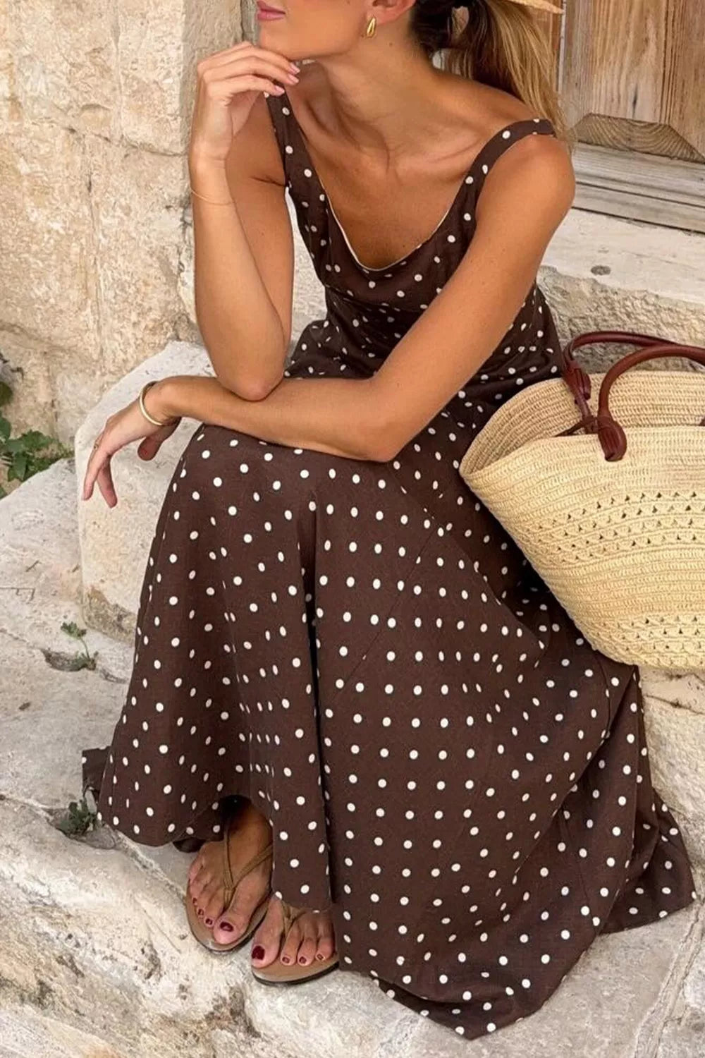 Polka dot maxi dress square neckline detail