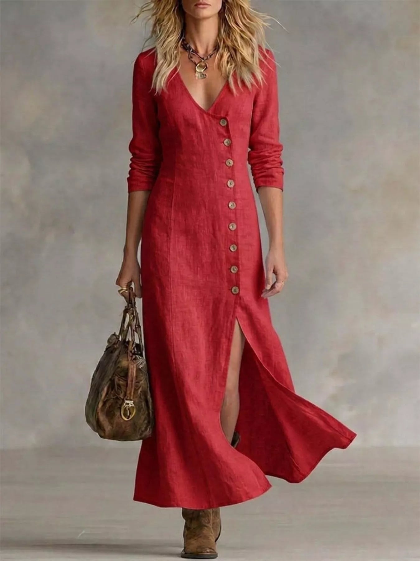 Button placket detail on maxi dress