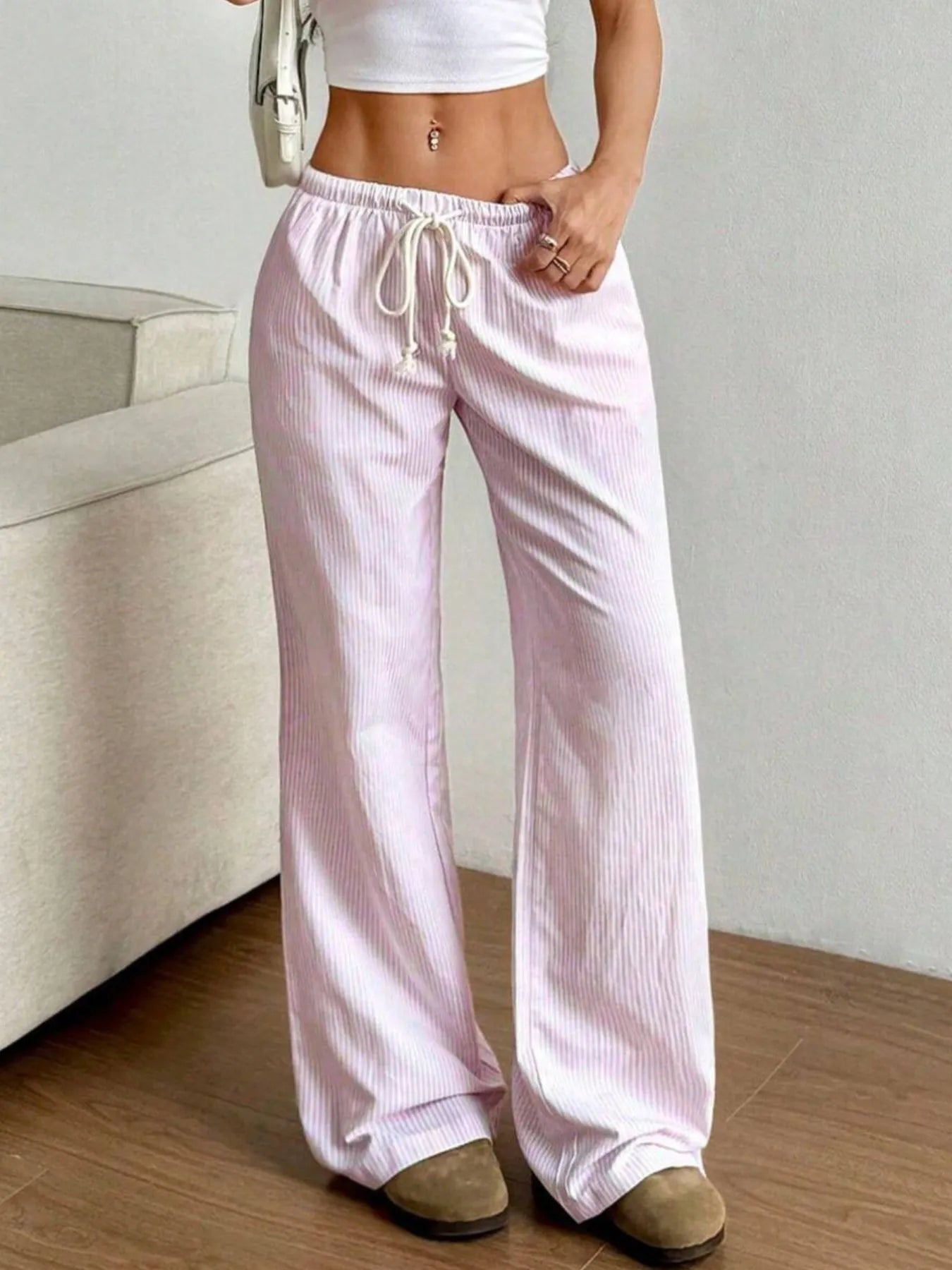 Dark pink striped wide leg pants front