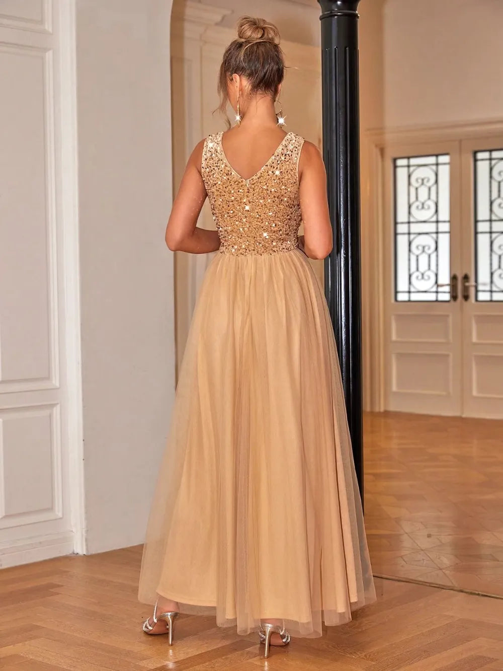 Tan sequin maxi dress side view on model