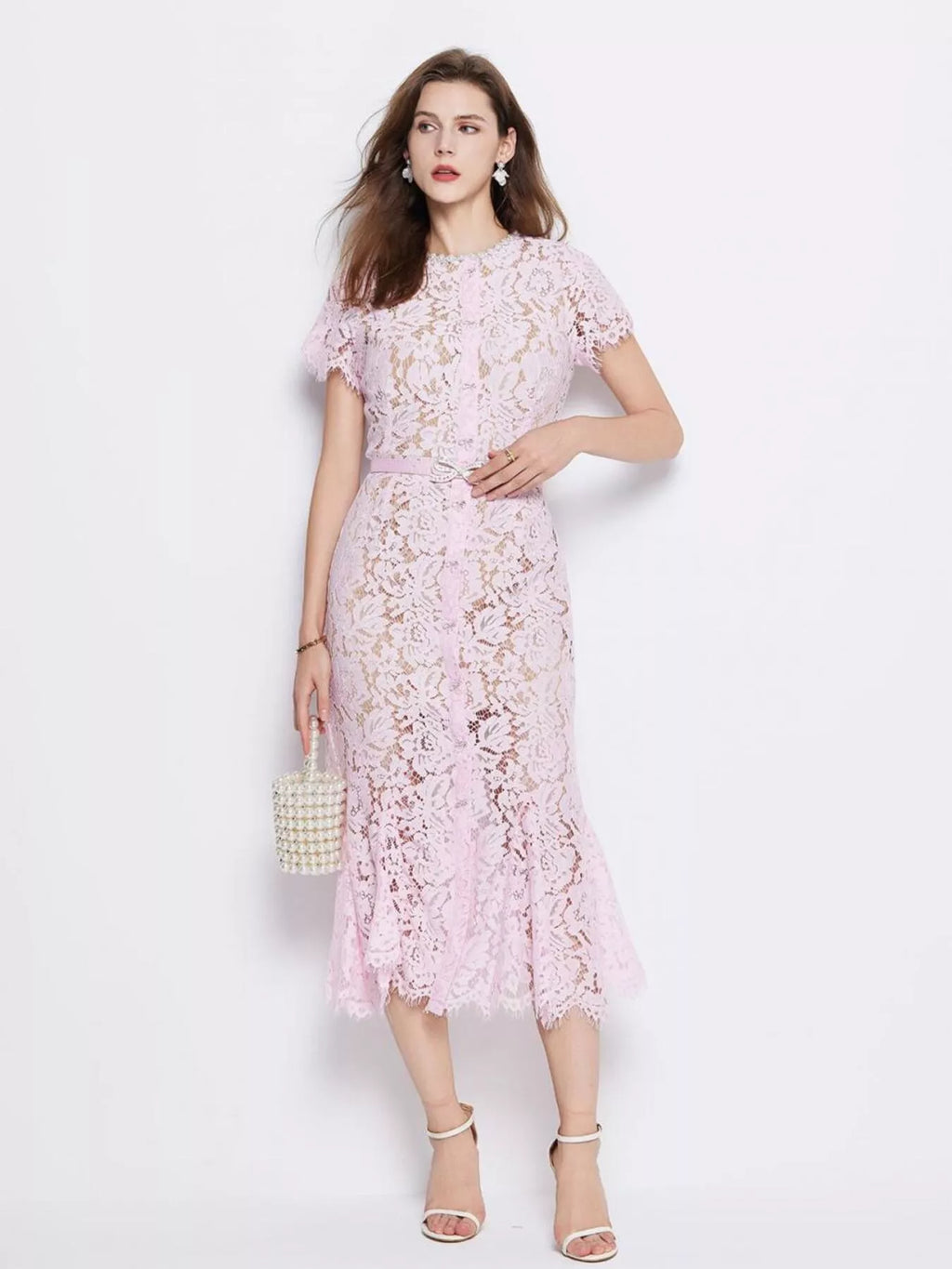 Lace short sleeve mermaid dress front view