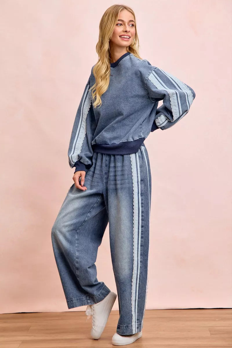 Denim lace sweatshirt styled casual look