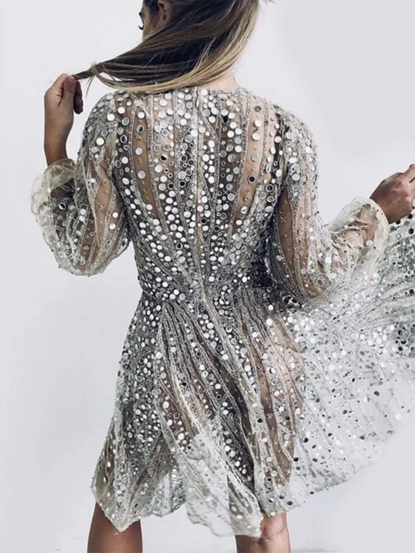 Sequin cocktail mini dress back view