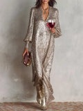 Sequin notched lantern sleeve maxi dress in champagne front view