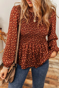 Floral smocked ruffle hem long sleeve blouse front view