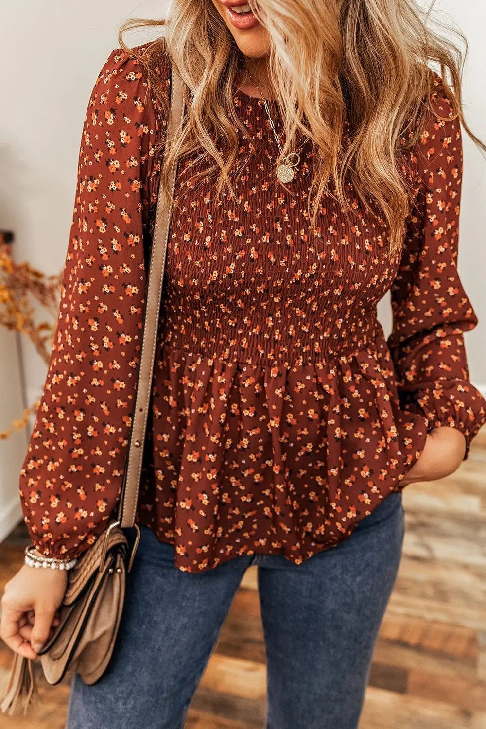 Floral smocked ruffle hem long sleeve blouse front view