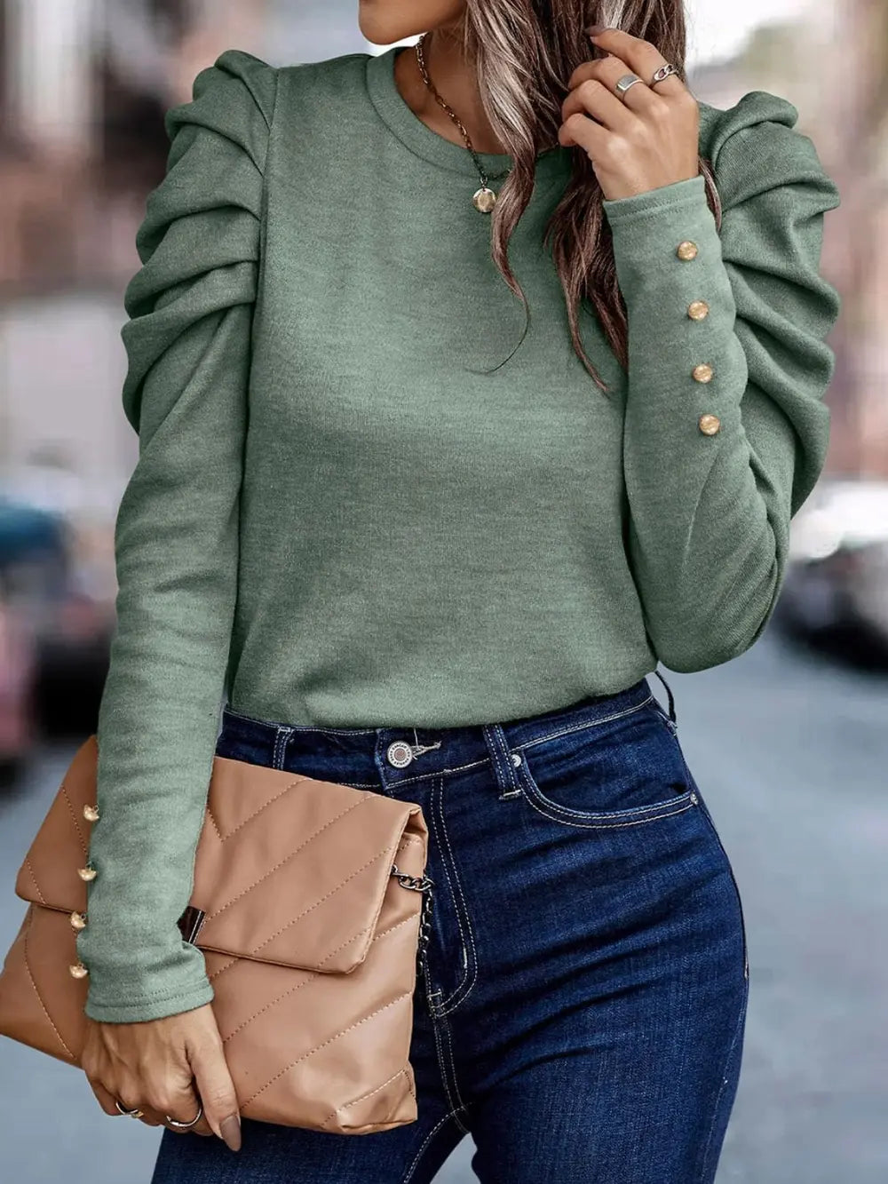 Sage green puff sleeve blouse front view