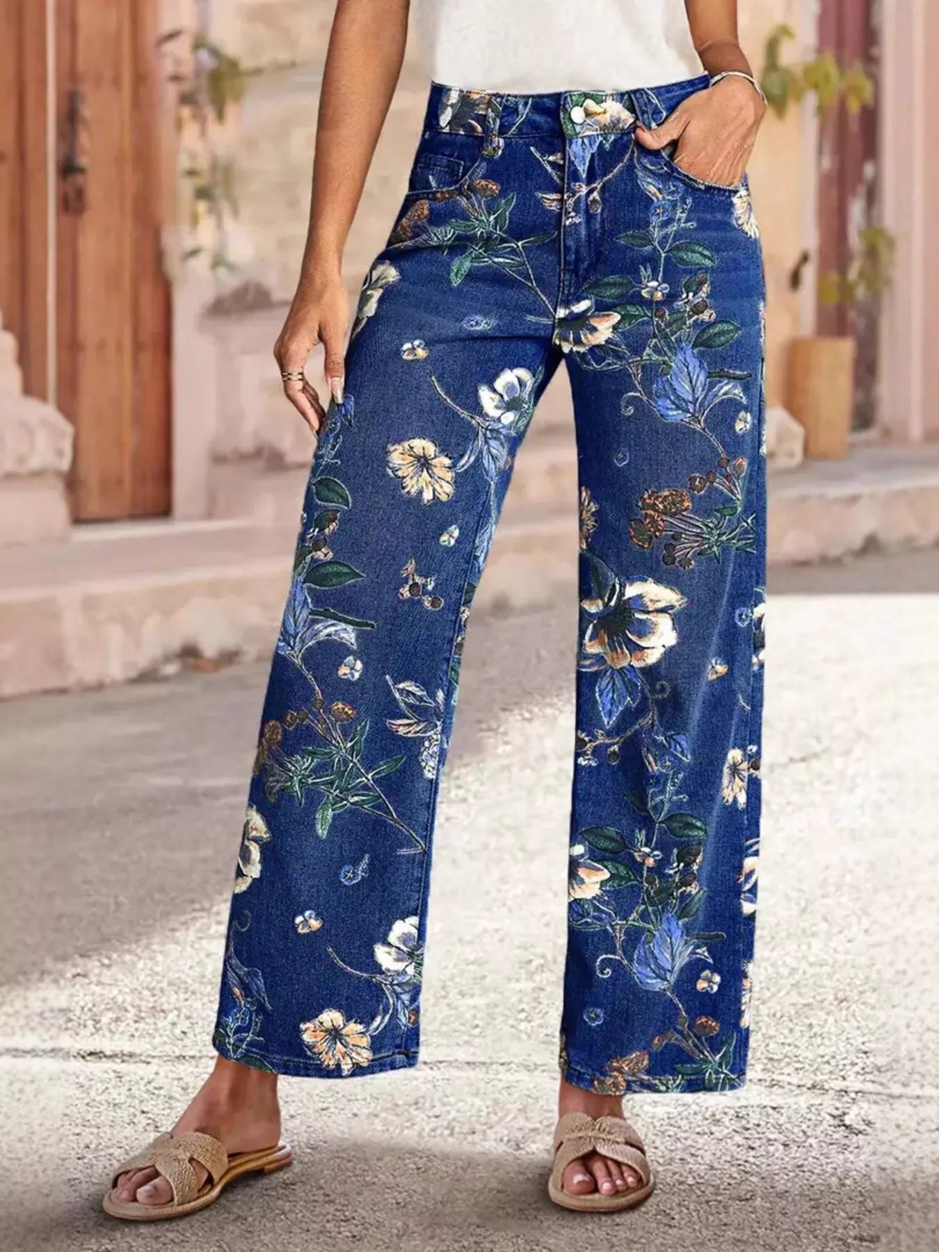 Close up of floral print pattern on blue denim
