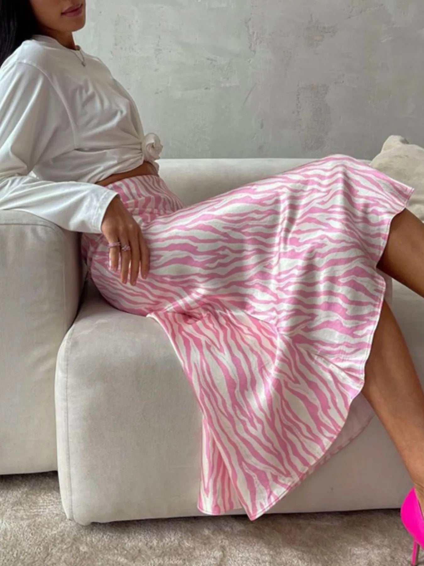 Satin zebra skirt full length look