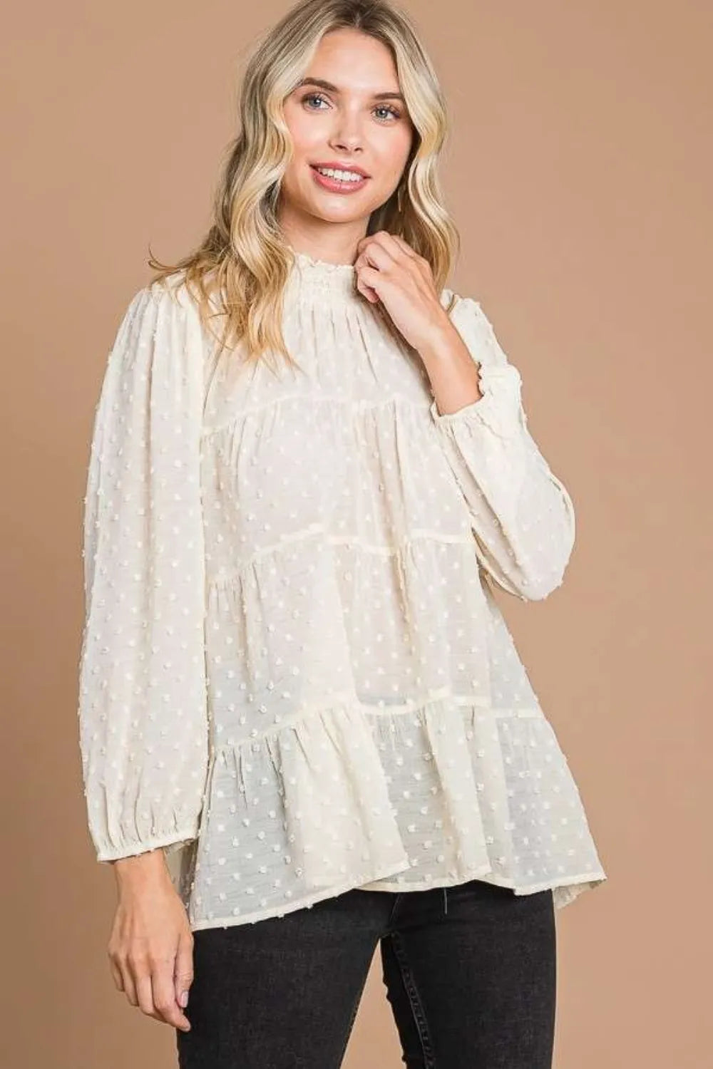 Swiss dot smocked blouse back and neckline view