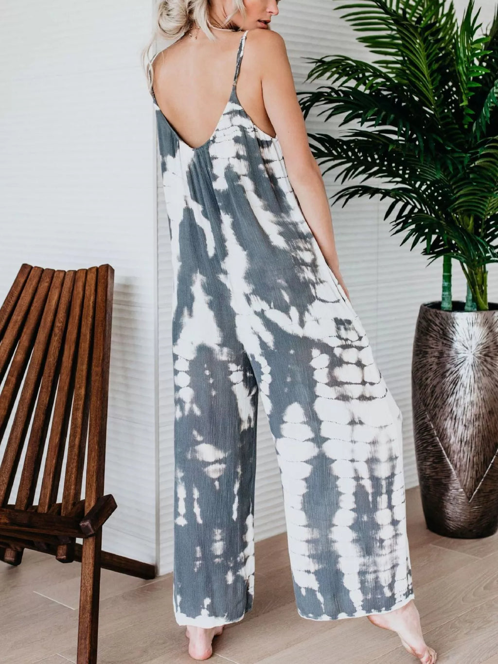 Plus size tie dye jumpsuit fit and drape view