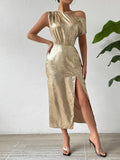 Gold one shoulder slit midi dress front view