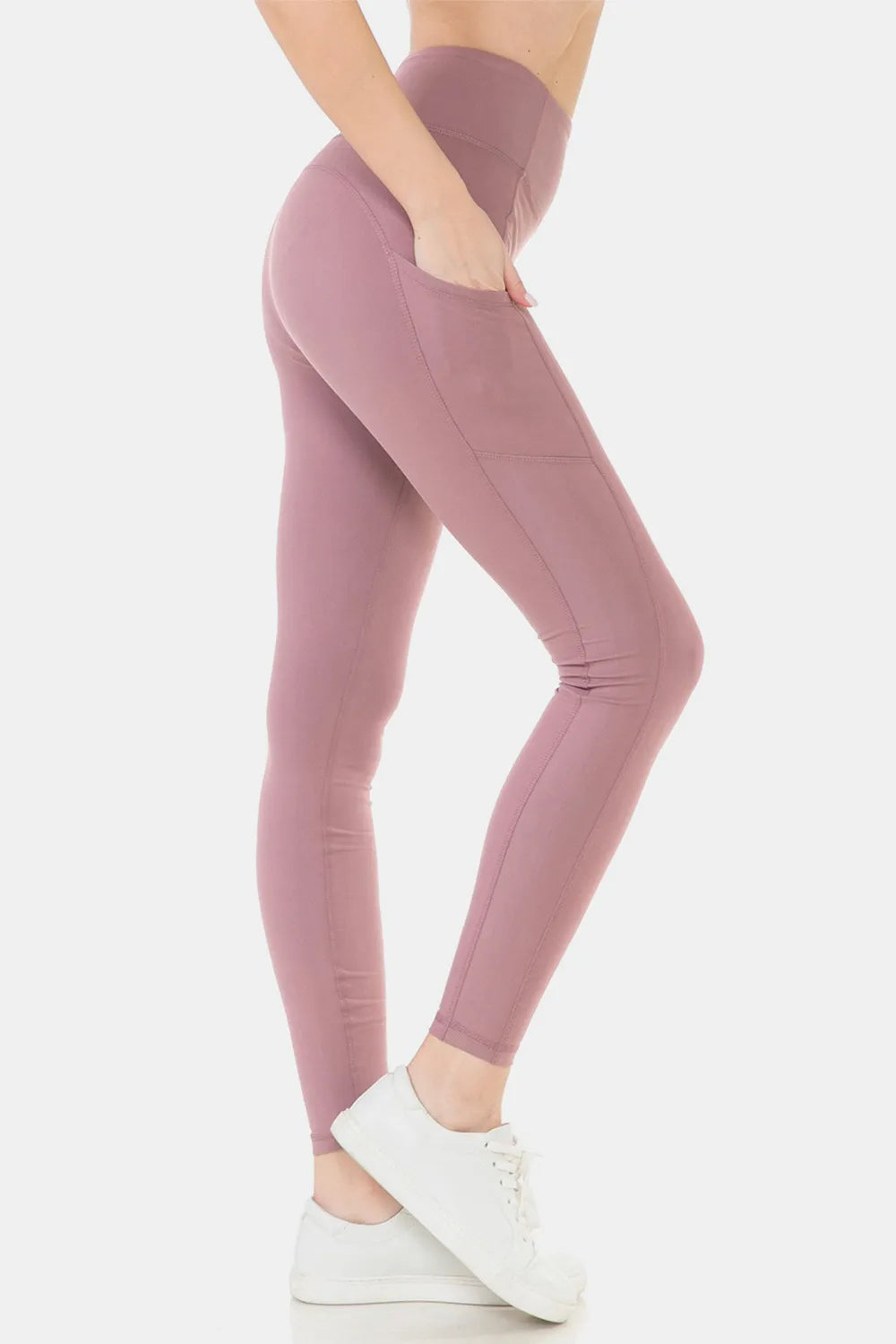 Wide waistband high waist leggings front view on model