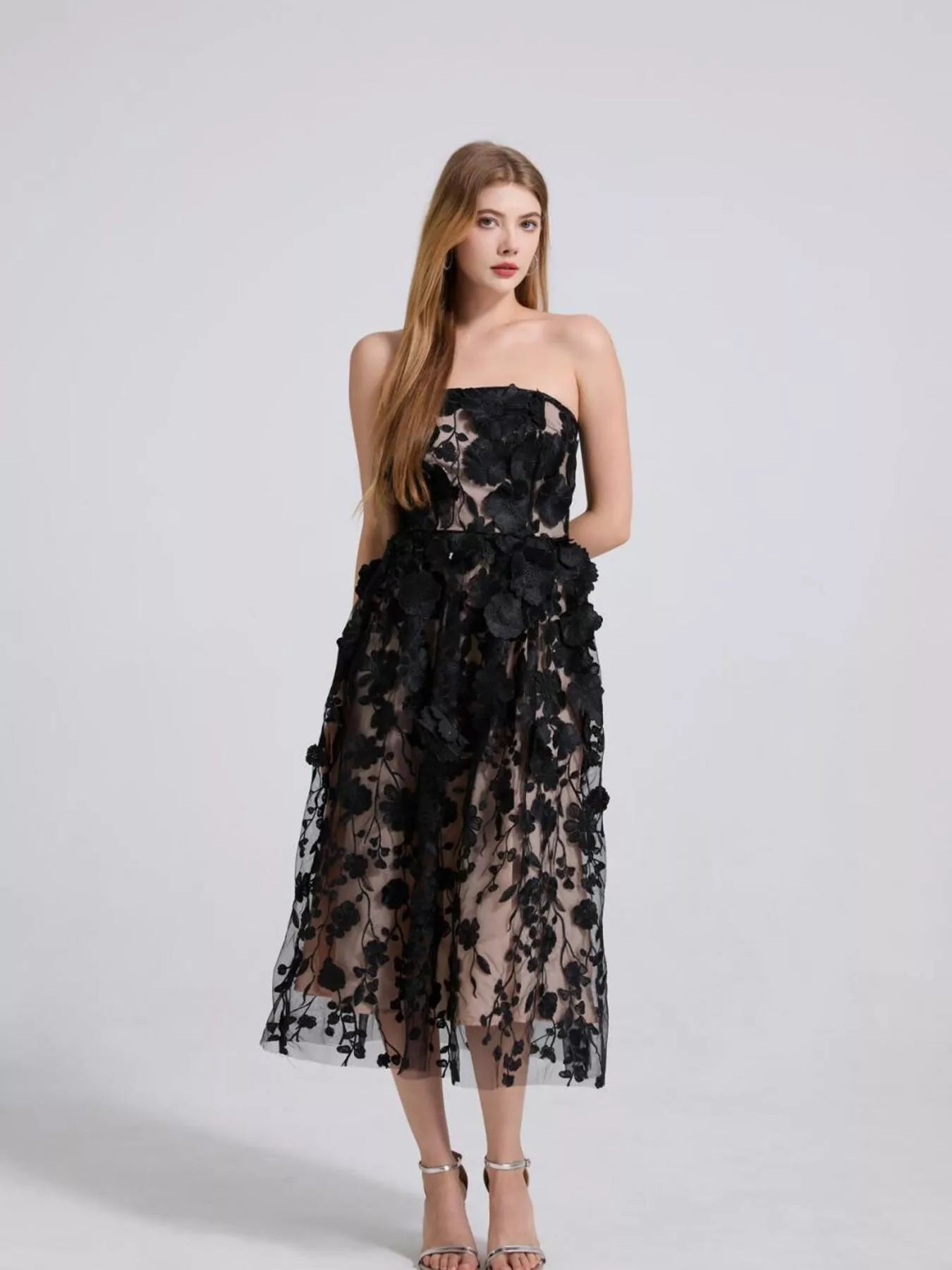 Floral applique dress back view with zipper