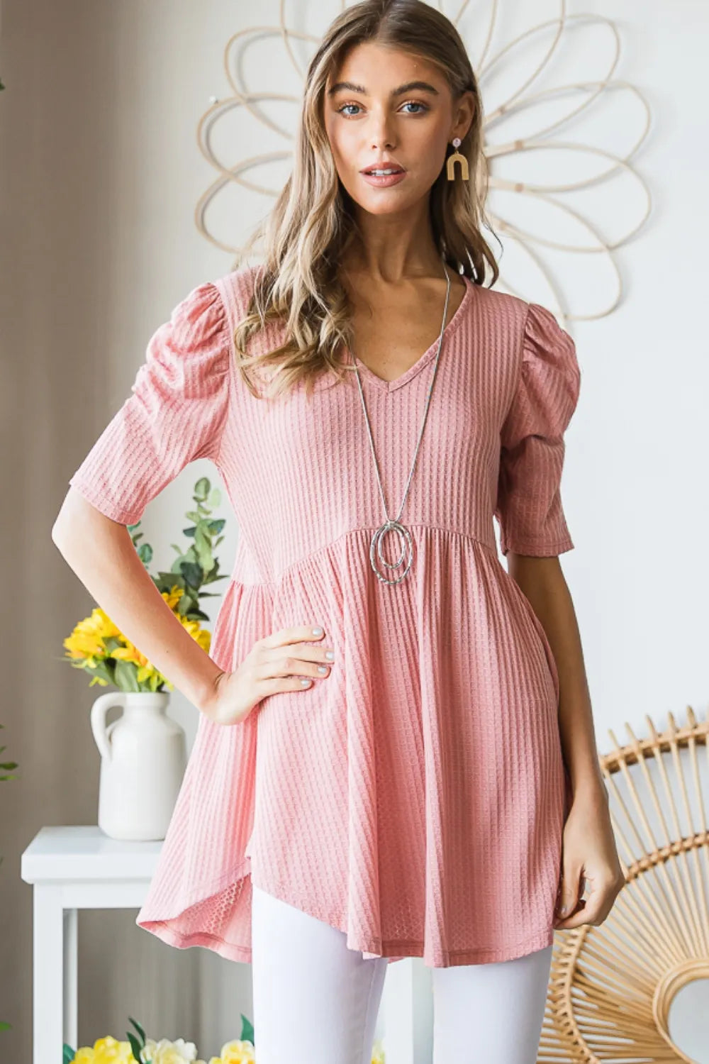 Waffle knit v neck top sleeve detail