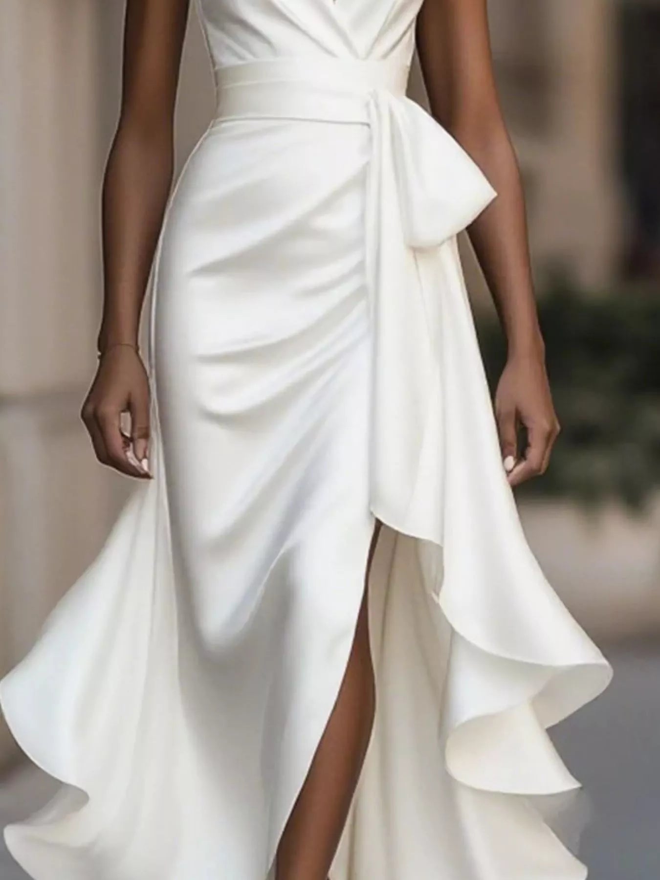 Ruffle maxi dress back view showing halter tie