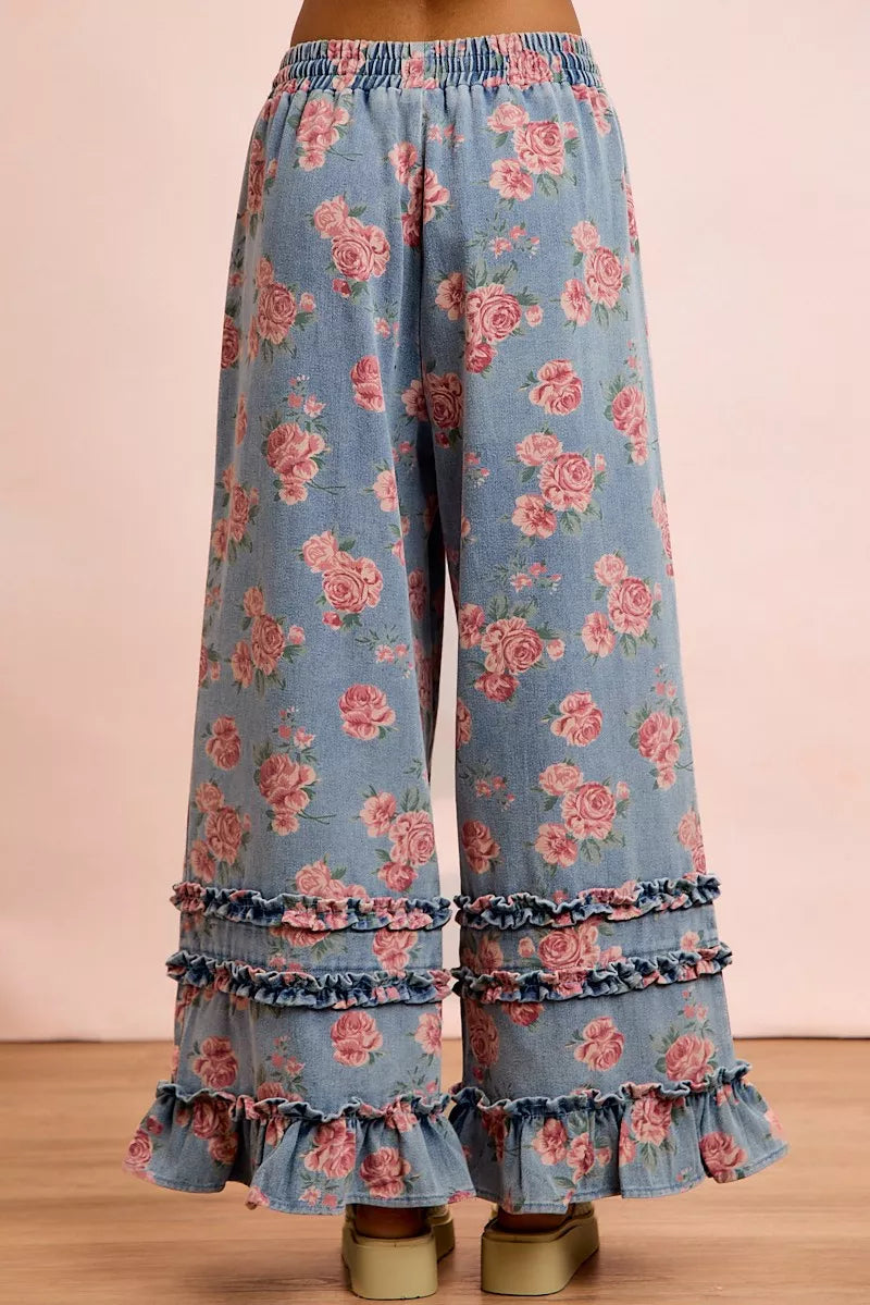 Floral denim wide leg pants side view