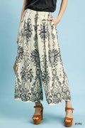 Border print wide leg pants front view
