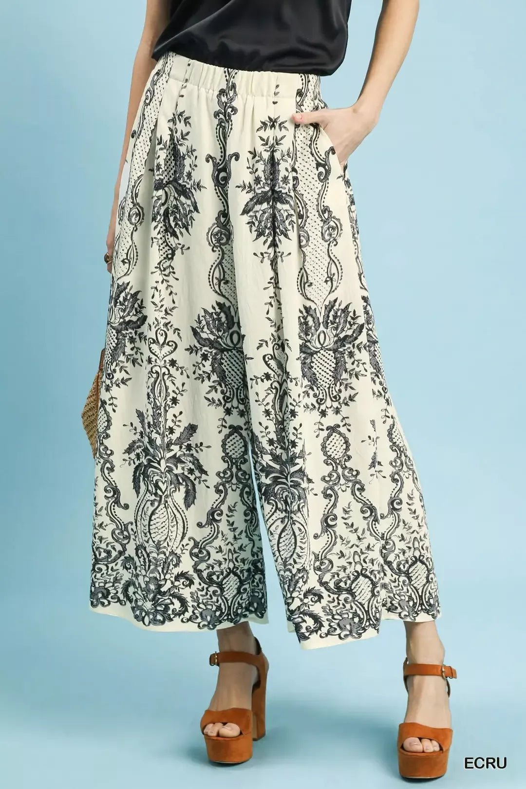 Border print wide leg pants front view