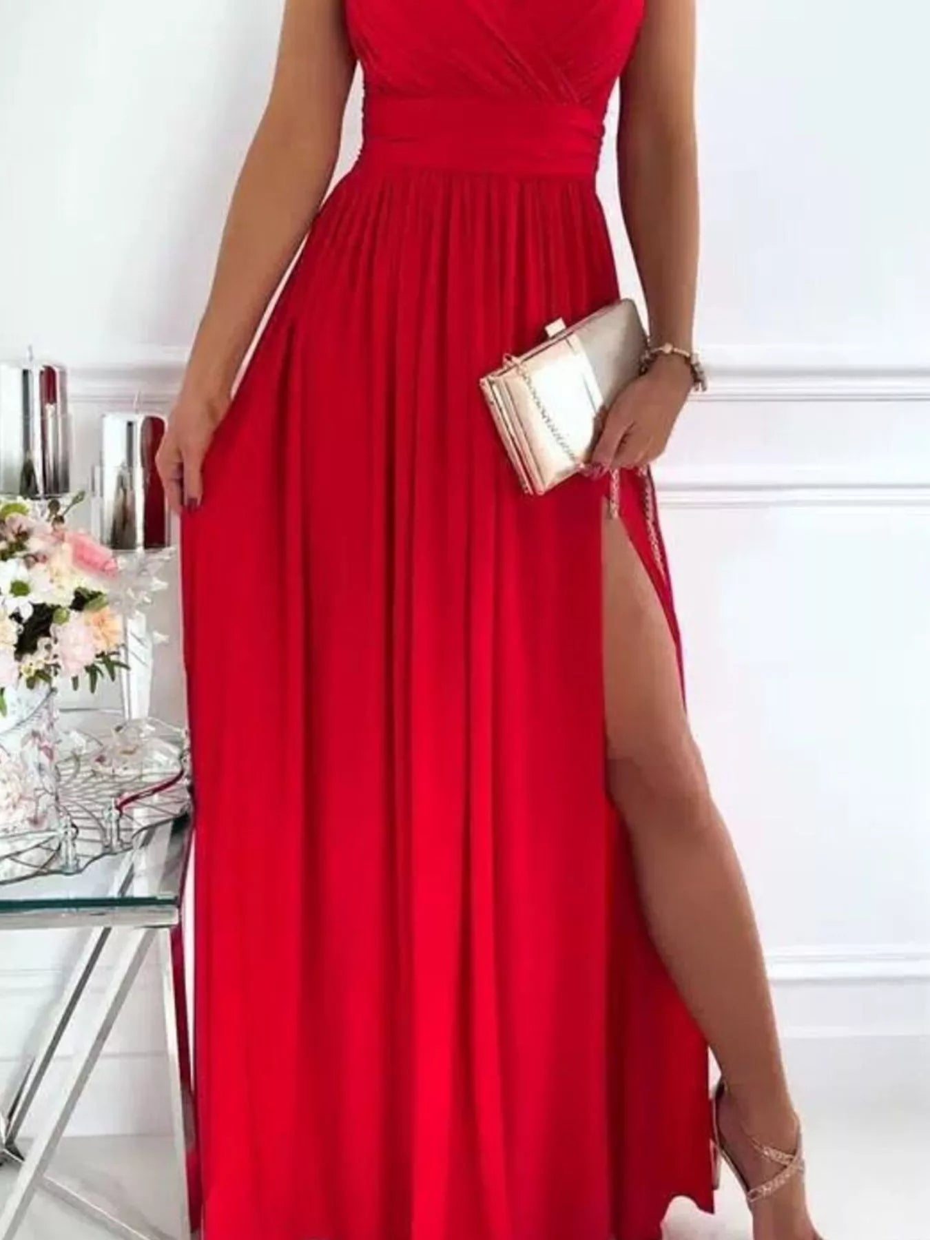 High slit maxi dress front view on model