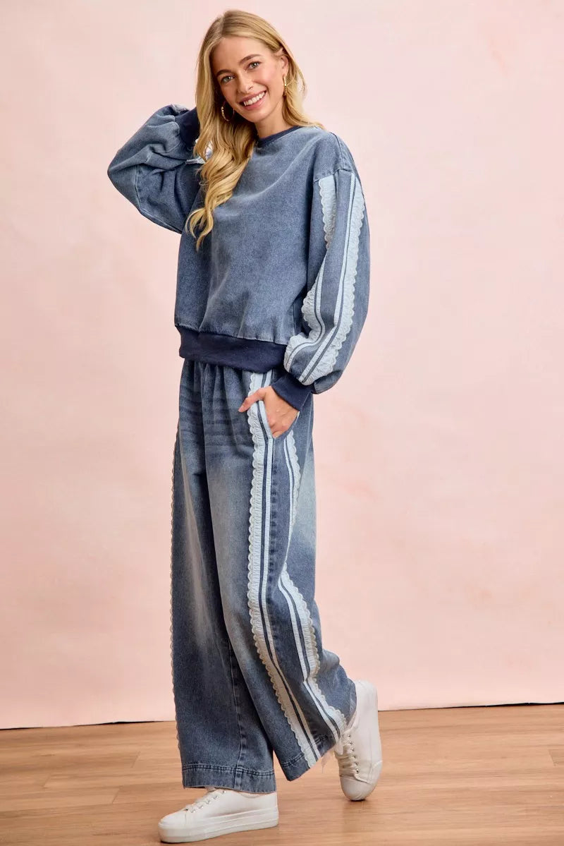 Washed denim sweatshirt fabric wash detail