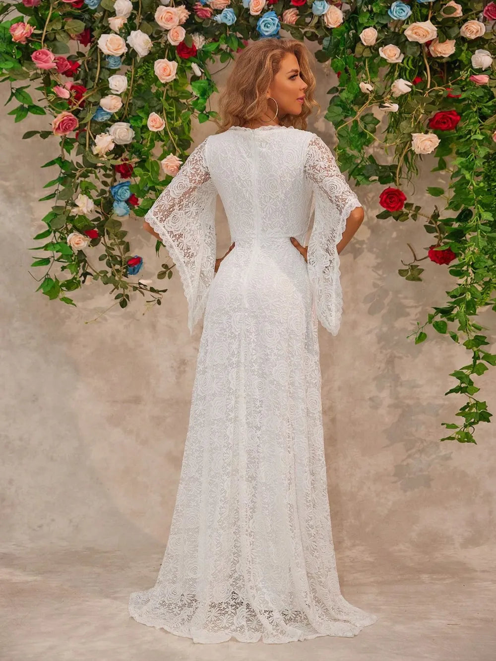 Lace v neck maxi dress on model front