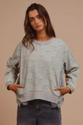 Checkered mineral wash denim top front view on model
