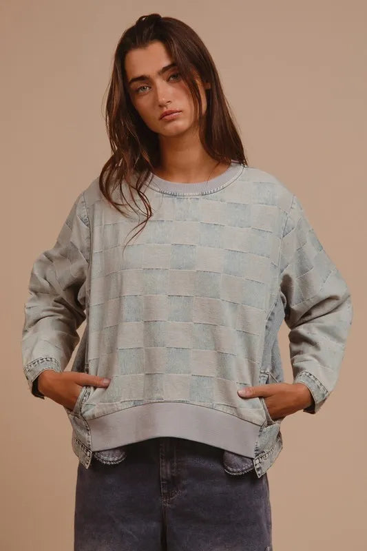 Checkered mineral wash denim top front view on model