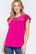 Magenta ruffle short sleeve lace detail knit top front view