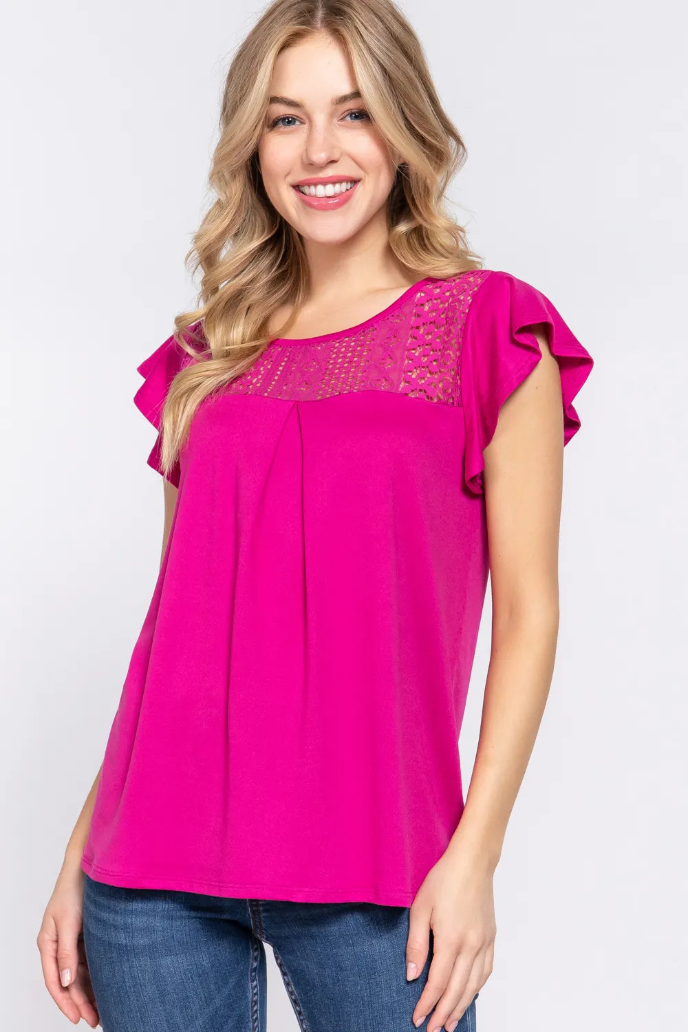 Magenta ruffle short sleeve lace detail knit top front view